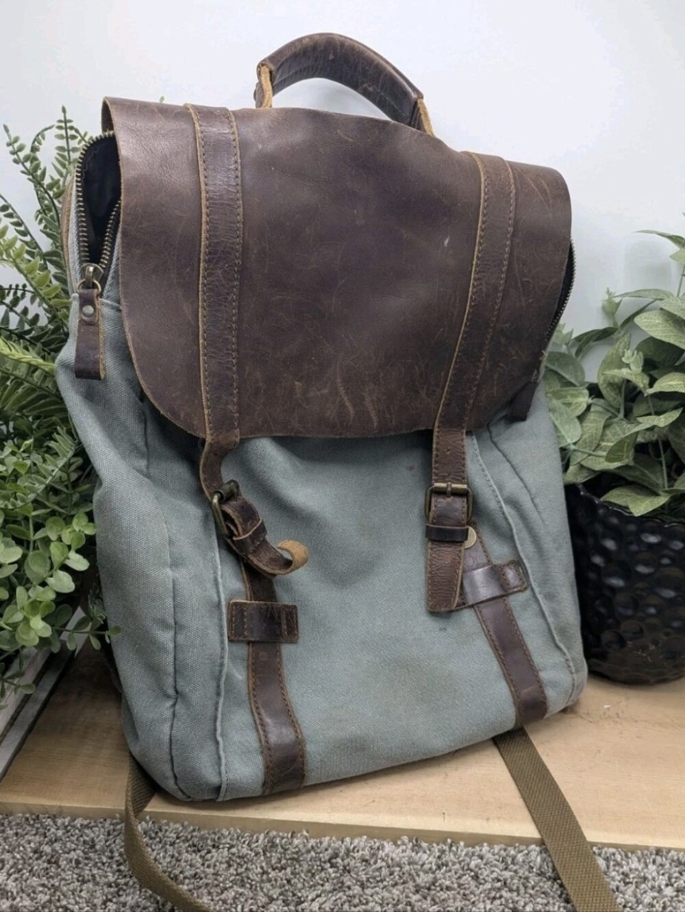 ROCKCOW Canvas Genuine Leather Travel Bag Backpack Carry On Blue Green Gray ****